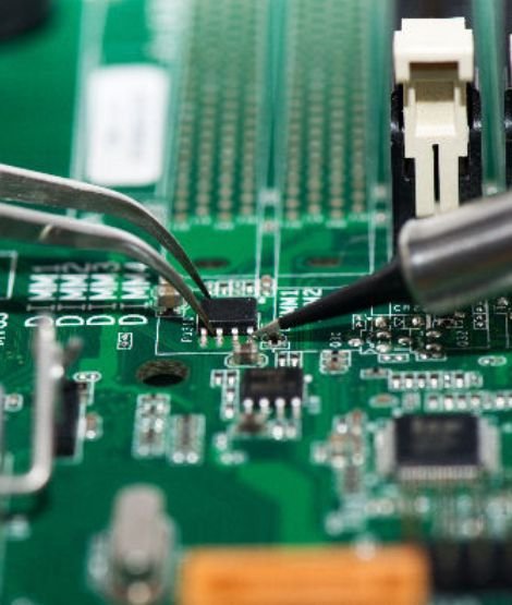 An engineer repairing a complex industrial electronic card